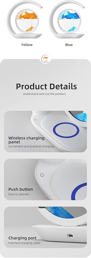 LED Table Lamp with Wireless Charging, Crescent Moon Design, Blue and Orange Sand Art Display, Orange