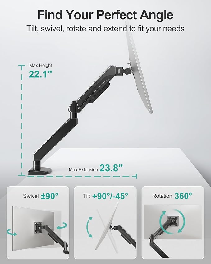 MOUNT PRO Ultrawide Single Monitor Arm for 22"- 42" Screens, Monitor Desk Mount Stand Holds up to 33 lbs, Heavy Duty Fully Adjustable Gas Spring Desk Mount, VESA Mount with Clamp/Grommet Base