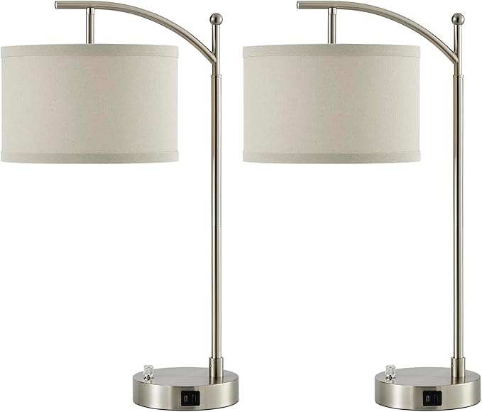 Table Lamp for Living Room Bedroom, 23.5" Table Lamps Set of 2 with USB C+A Ports, Bedside Lamps for Nightstand with Linen Lamp Shades, 2 Dimmable LED Bulbs Included, Silver