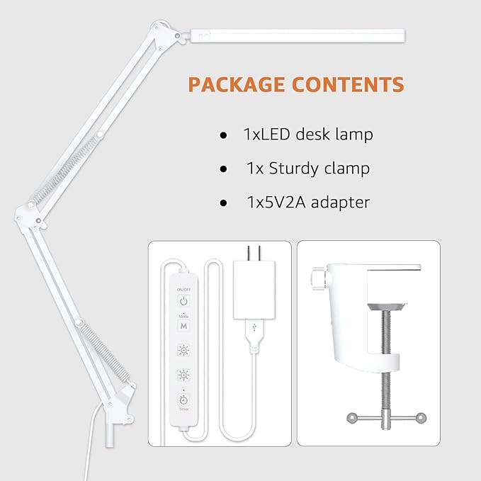 Upgrade Swing Arm LED Desk Lamp with Clamp, 80 LED Beads, 5 Color Modes & 11 Brightness Levels, 360° Adjustable Arm, Eye-Caring Light CRI95, Timer & Memory Function, for Office, Study, Crafting