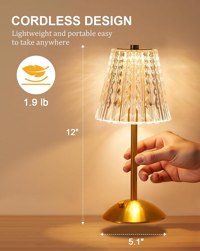 Cordless Touch Table Lamp, LED Rechargeable Small Dask Lamp, 3 Colors Dimmable Battery Operated Crysta Lamp for Bedroom Restaurant Kitchen Home Decor, Gold, 2pcs
