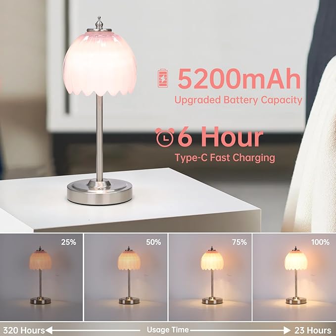 Rechargeable Table Lamp with 5200mAh Battery & Touch Control - 3 Adjustable Color Temperatures, Cordless Dimmable Table Light for Bedroom, Office Desk, Nightstand (Creamy Pink,Silver Base)