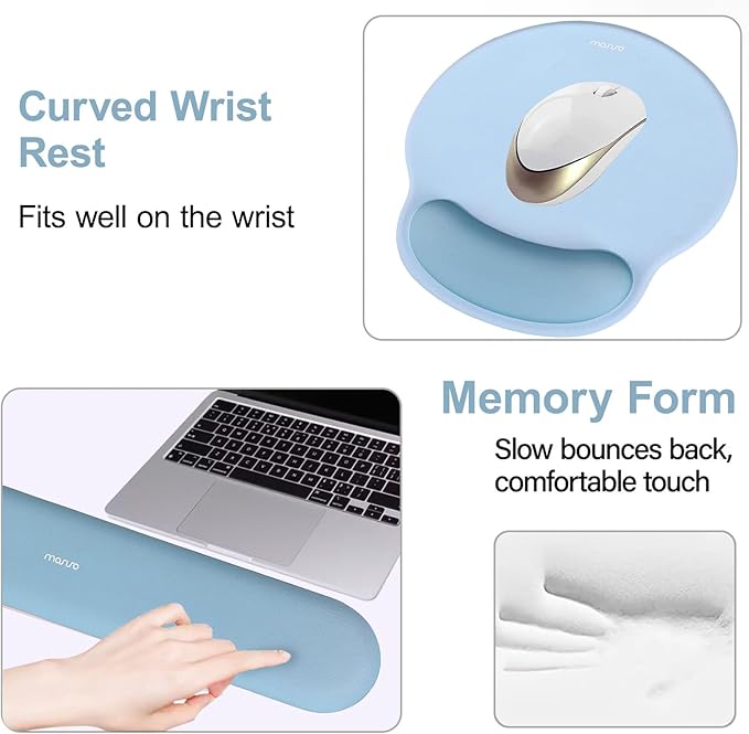 MOSISO Wrist Rest Support for Mouse Pad&Keyboard Set, Circle Curved Ergonomic Mousepad&Coaster Non-Slip Base Home/Office Wrist Support&Easy Typing Pad with Soft Cloth&Silicone Lining, Air Blue