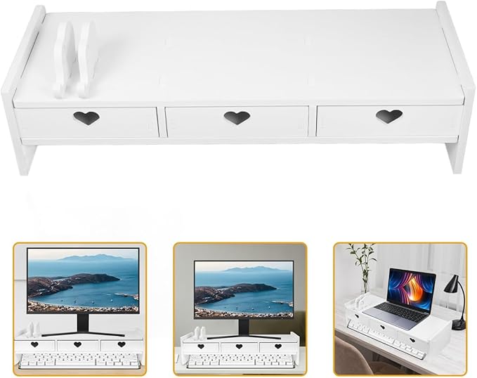 Tofficu Computer Monitor Stand Riser with 3 Drawers - Desktop Organizer with Phone Holder, White Desk Shelf for Laptop, Office Supplies & Workspace Storage