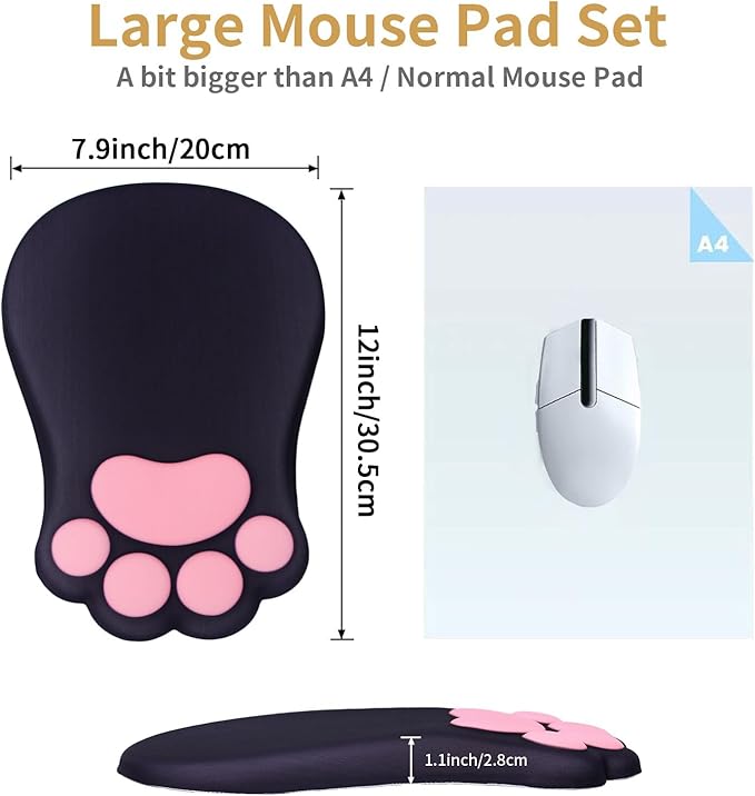 L-SPOUTTO Ergonomic Mouse Pad with Wrist Rest,Cute Cat Paw Mousepad Wrist Support,Comfortable Massage Design Computer Pain Relief Mouse Pad with Non-Slip PU Base for Desk Laptop Gaming Office,Black
