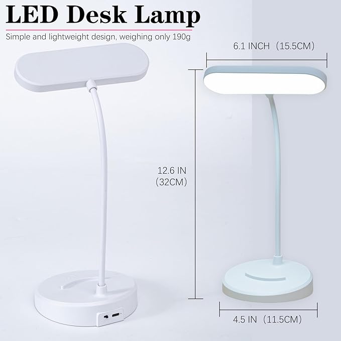 Desk Lamp, Eye-Caring LED for Students, Touch Dimmable, 3 Color Modes, USB-C Rechargeable, Flexible Gooseneck with Phone Holder, Study & Reading Lamp for Dorm/Office/Home