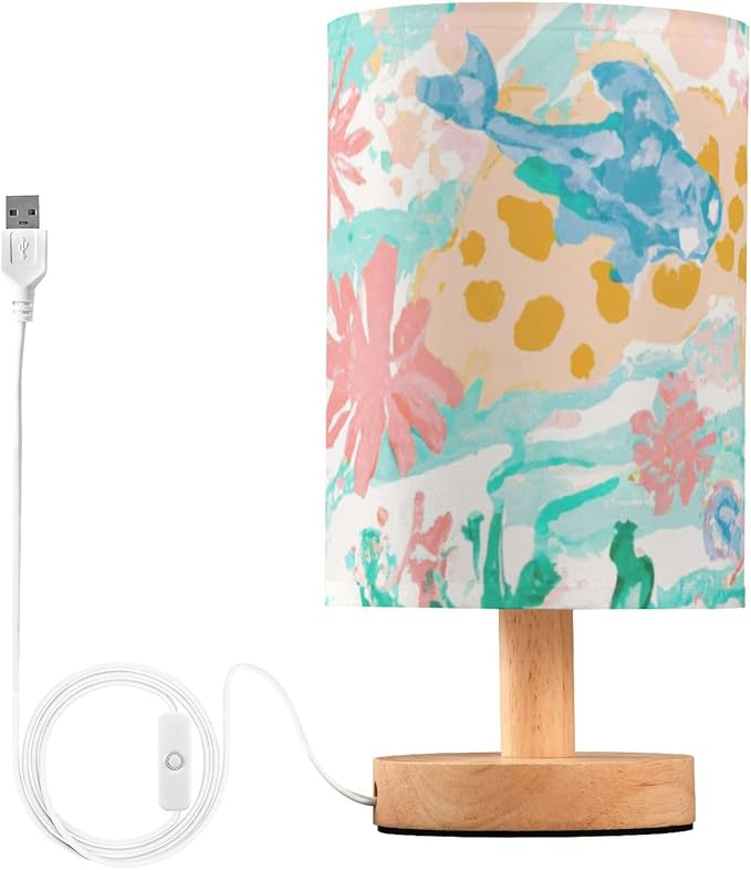 Sea LED Table Lamp, Bedside Lamp with Linen Lampshade, Flicker-Free Eye Care USB Plug in Nightstand Lamp, for Bedroom and Office