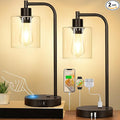 Set of 2 Industrial Touch Control Table Lamps with USB C+A Ports and AC Outlet - 3-Way Dimmable Black Bedside Lamps Nightstand Desk Lamps for Bedroom Living Room, Glass Shade & 2 LED Bulbs Included