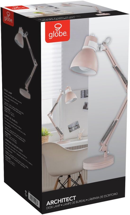 GLOBE Electric 52028 28" Swing Arm Architect Desk Lamp, Matte Rose Finish, White Accents, Rotary Switch on Shade, Partially Adjustable Arm, Modern Lighting for Bedroom or Office, E26 Base