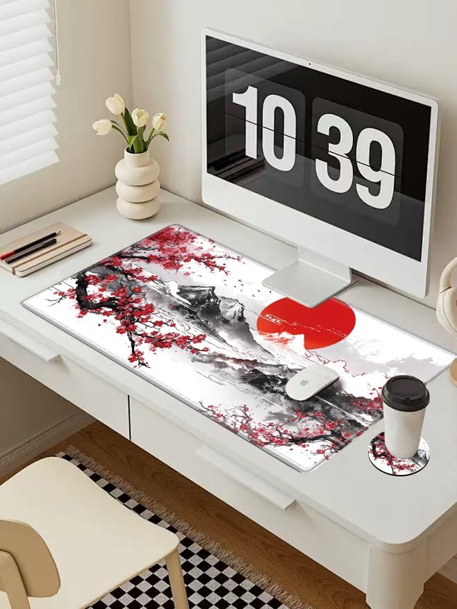 Large Mouse Pad Japanese Cherry Blossom Desk Pad Gaming Mousepad XXL Desk Mat 31.5''X15.75'' Computer Mat Extended Big Mouse Mat for Desktop Office Work Girl Women