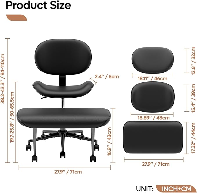 Cross-Legged Office Chair with Footrest, PU Leather Armless Desk Chair, Wide Padded Seat for Cross Leg Sitting, Adjustable Height & Swivel, Modern Home Office Chair, Black