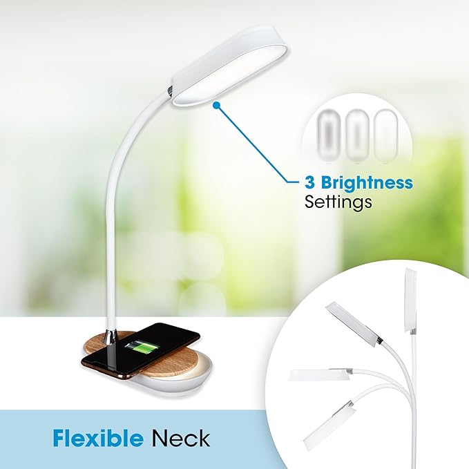 Ottlite Inspire LED Desk Lamp with Wireless Charging - ClearSun LED Technology - Flexible Neck, Dimmable with Touch Controls & Night Light Feature - for Offices, Dorm Rooms, & Bedside Tables