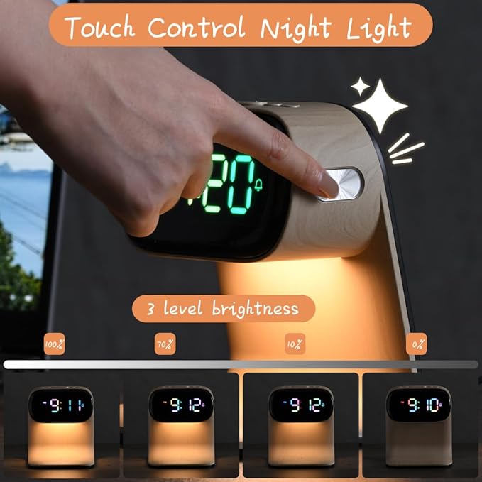 WILIT Digital Alarm Clock with Wireless Charging for Bedroom,Colorful LED Display,Dimmable Night Light with Snooze Function,Modern Bedsides Lamp Clock for Bedroom,Kids,Teens,Gift for Men, Women(Wood)