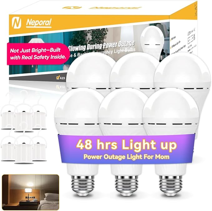 Neporal LITE Emergency Rechargeable Light Bulbs A19, Light Up to 48 hrs, Battery Operated Light Bulb, 5000K E26 LED Bulb, Emergency Lights for Home Power Failure