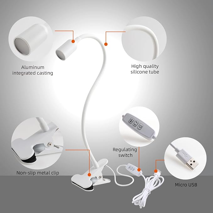 DAMI LED Reading Lights for Bed Headboard, Clip on Spotlight Lamp for Desk, Dorm Bed, Dimmable USB Clamp Book Light with Flexible Gooseneck, Change Color Temperature 3000/4000/6000K