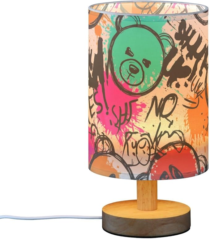 Colorful Graffiti LED Table Lamp, Bedside Lamp with Linen Lampshade, Flicker-Free Eye Care USB Plug in Nightstand Lamp, for Bedroom and Office