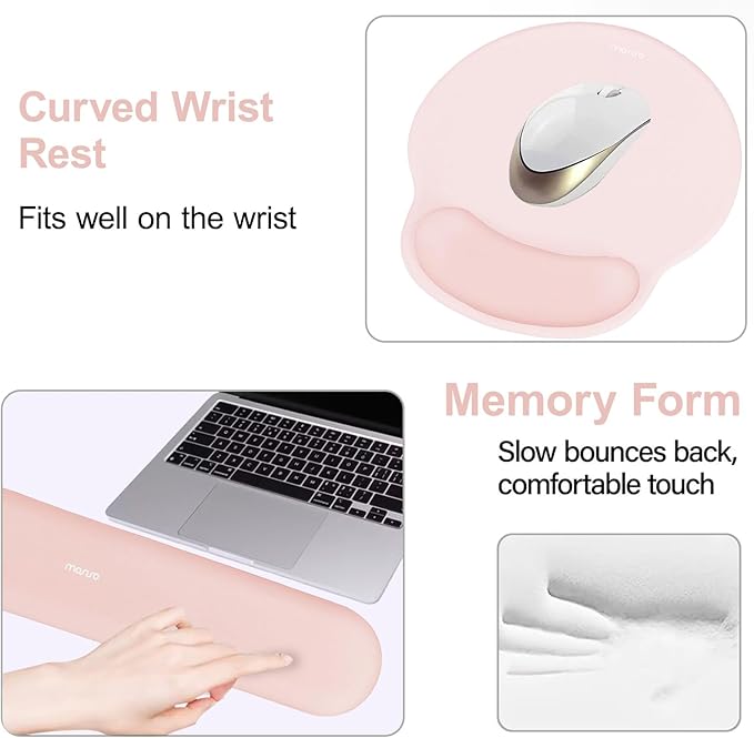 MOSISO Wrist Rest Support for Mouse Pad&Keyboard Set, Circle Curved Ergonomic Mousepad&Coaster Non-Slip Base Home/Office Wrist Support&Easy Typing Pad with Soft Cloth&Silicone Lining, Chalk Pink