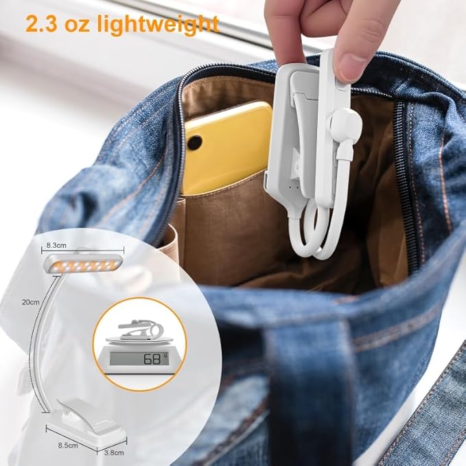 karidi Rechargeable 24 LED Book Light for Reading, 360° Flexible Gooseneck, 5 Color Tones, Clip-on for Books/Tablet/Bed, USB-C, 80H Glare-Free Eye Care (White)