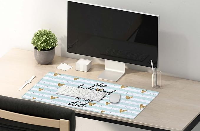 SSOIU Inspirational Quote Desk Mat,Large Mouse Pad 35.5" x 15.7" XXL Extended Gaming Mouse Pad Mat with Non-Slip Base Stitched Edge Mousepad for Computer,Office - She Believed she Could so she did