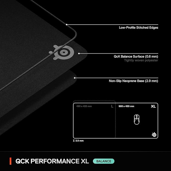 SteelSeries QcK XL Performance Balance Gaming Mousepad — Extra Density for a Smooth Glide — Low-Profile Edge Stitching — Non-Slip Neoprene Rubber Base — 15.75 x 34.43 inch — FPS, MOBAs, RTS, MMO