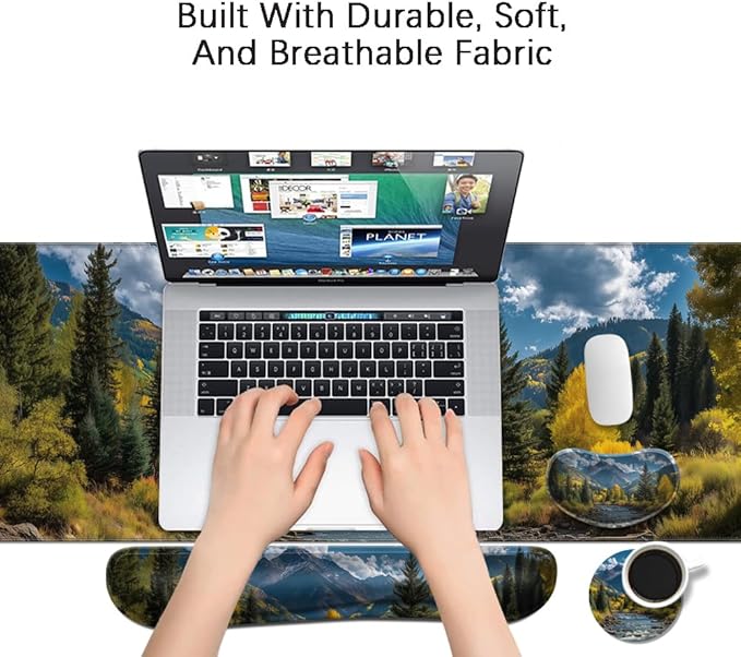 MIBITRI Keyboard Mouse Pad Set, Extended Gaming Mouse Pad+Ergonomics Keyboard Wrist Rest Support, Memory Foam, Easy Typing, 4Pcs XXL Ultra Thick Desk Mat, Nature Forest