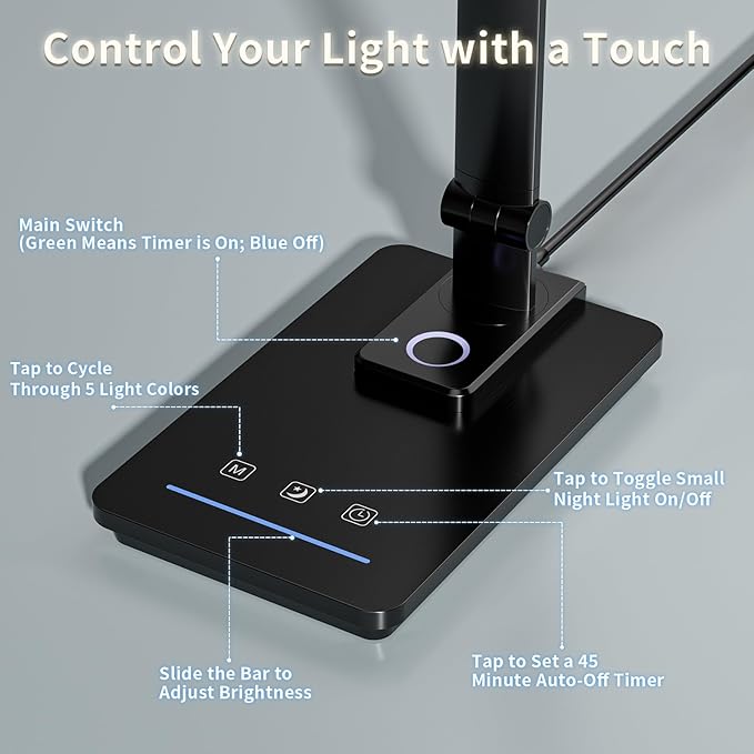 ELECTRI LED Desk Lamp, Touch Desk Light with USB Port, 5 Color & Stepless Dimming, 360° Rotatable ＆ Foldable, Reading Lamp for Table Study Work Office Nail Craft Puzzle(with Adapter) (Black)