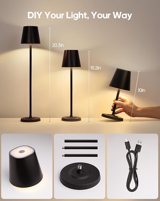 GOODEA LED Cordless Table Lamp Rechargeable, 3-Height Adjustable, 5500mAh Battery Operated Lamp, 3-Color Dimming Touch Lamp, Portable Lamp for Dining, Bedroom,Camping, Outdoor, Indoor(Black 2 Pcs)