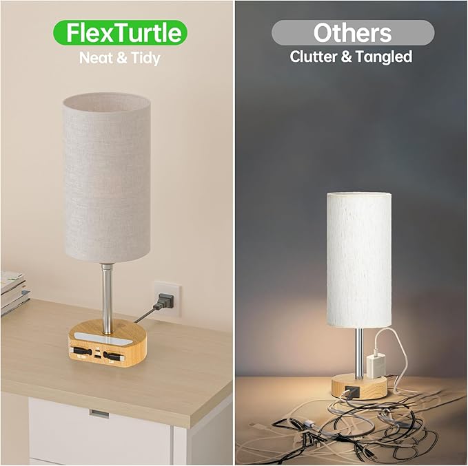 Bedside Lamp with Charging Station 74W【2 * 3.94ft Retractable Cords & 2 USB Ports】, 3 Way Dimmable Touch Lamps for Nightstand with LED Bulb, Small Desk Lamp, Set of 2, Yellow Wood Grain