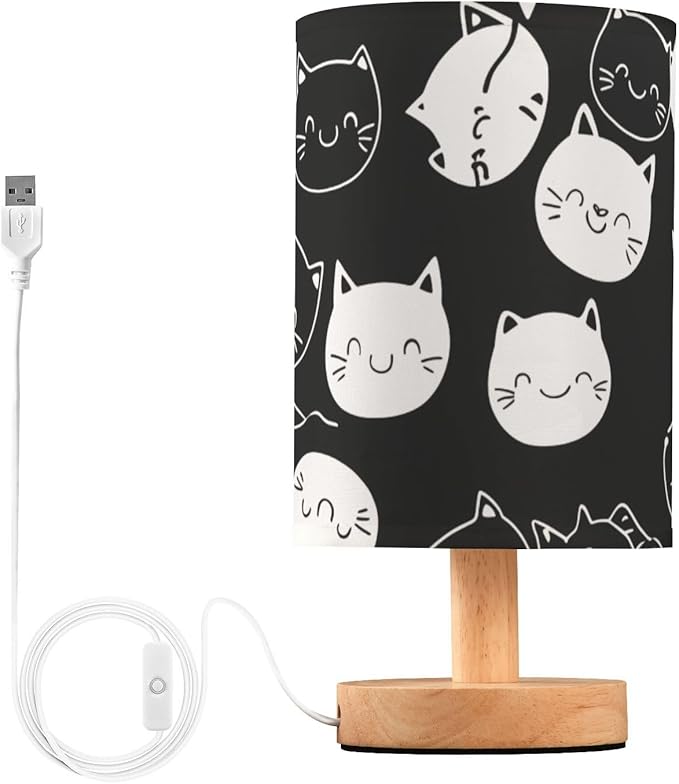 Cat LED Table Lamp, Bedside Lamp with Linen Lampshade, Flicker-Free Eye Care USB Plug in Nightstand Lamp, for Bedroom and Office