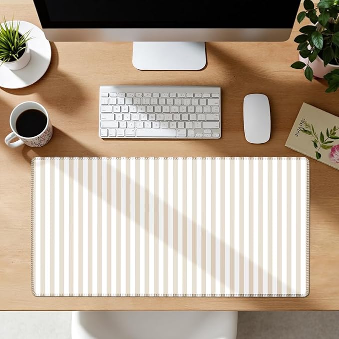 Beige Striped Desk Mat Cute Pastel XXL Large Gaming Mouse Pad Desk Pad Kawaii Aesthetic Home Office Decor Cozy Keyboard Laptop Computer Mat