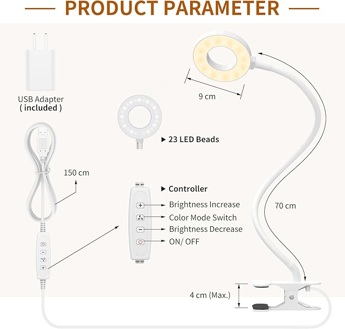 iZELL Reading Light, USB Clamp Lamp for Child Reading Book in Bed at Night, LED Small Desk Lamp with Silicone Adjustable Arm Clip on Beside Table for Studying Working Drafting Sewing - 15.8‘’ White