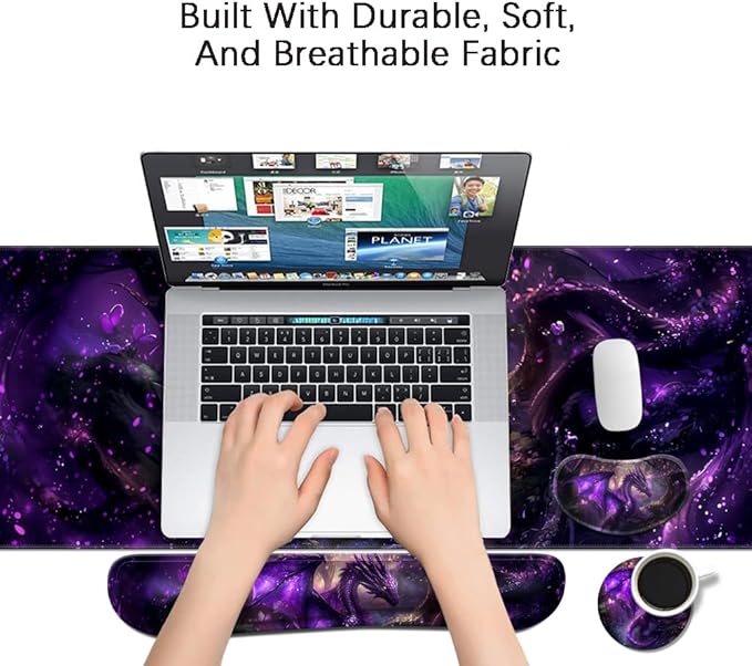 MIBITRI Keyboard Mouse Pad Set, Extended Gaming Mouse Pad+Ergonomics Keyboard Wrist Rest Support, Memory Foam, Easy Typing, 4Pcs XXL Ultra Thick Desk Mat, Dragon