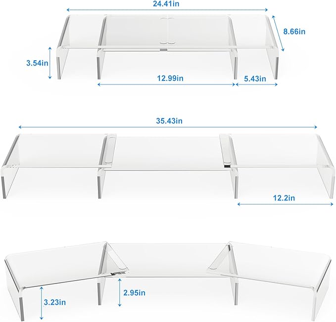 X-cosrack Clear Acrylic Monitor Stand Riser, 3 Shelves Adjustable Dual Monitor Stand with Anti-Slip Mat, Premium Desk Organizer for Home Office, Laptops, PCs, Printers, TVs