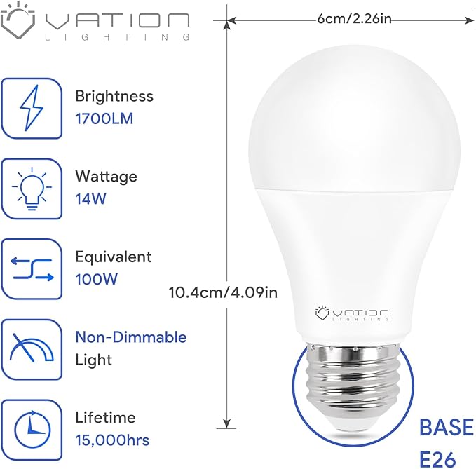 A19 LED Light Bulb Bright White Daylight 5000K, 100 Watt Equivalent, Efficient 14 Watt, 1700 Lumens, E26 Medium Base, Non-Dimmable, ETL/UL Listed, 6 Pack