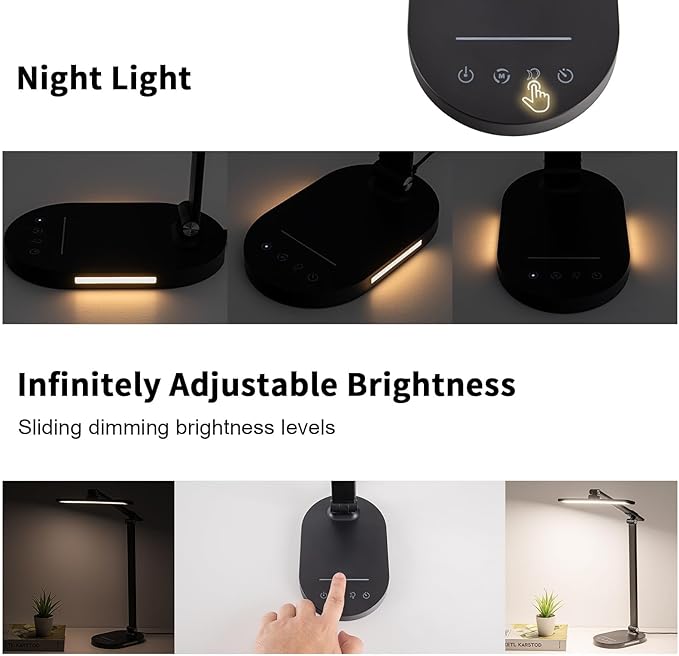 LED Desk Lamp Touch Desk Lamps with 5 Levels Brightness, Dimmable Office Reading Lamp with Adjustable Arm Foldable Table Desk Lamp for Bedroom Bedside Office Study, 3000-6500K(Black)