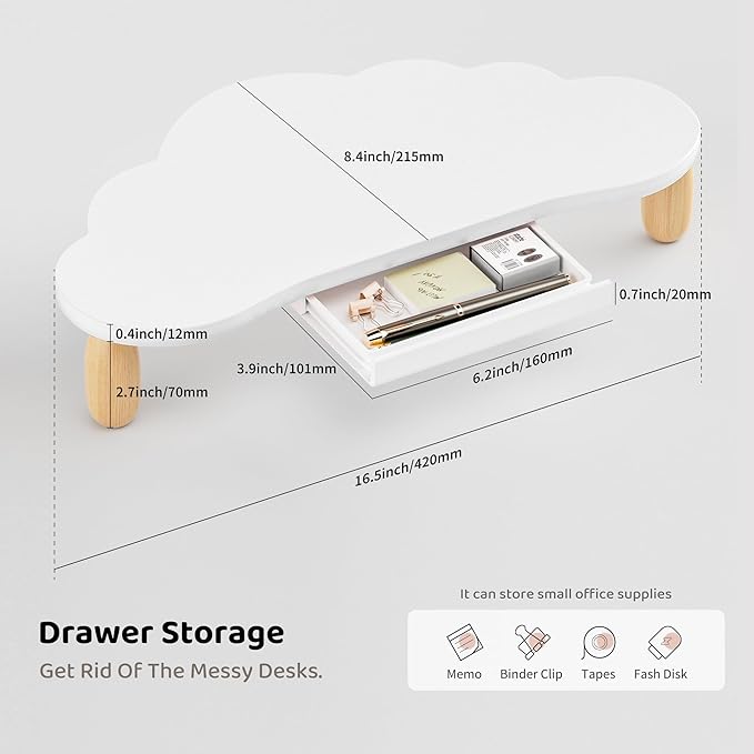 Monitor Stand Riser,Cloud-Shaped Sturdy Wood 16.5In Computer Monitor Riser Wirh Drawer, Multi-Purpose Desktop Organizer Riser for Computer,Laptop,Printer,TV,White