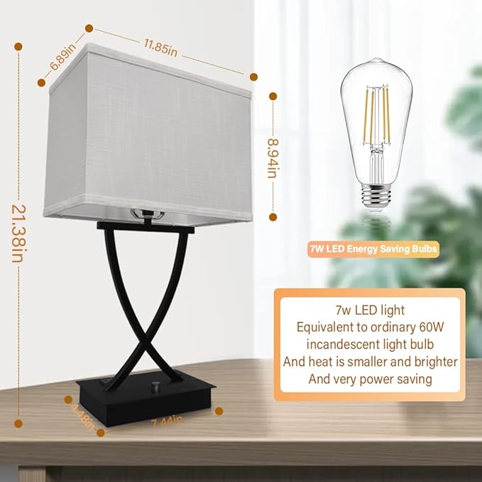 Fully Dimmable Medium Table Lamp for Bedroom with Type C/USB Charging Port and 1 AC Outlet White Shade 21.38" Bedside Nightstand Lamp for Living Room Office and Hotel Bulb Included