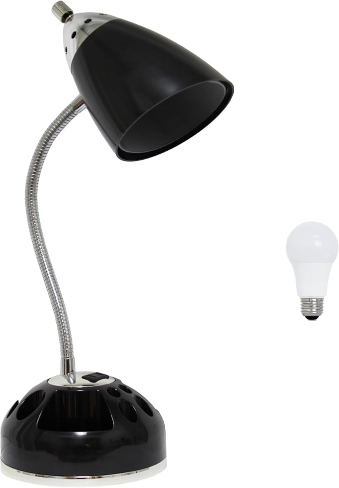 Simple Designs LD1015-BLK-LB 19.5" Flossy Organizer Desk Lamp with Charging Outlet Lazy Susan Base and LEB Bulb, Black
