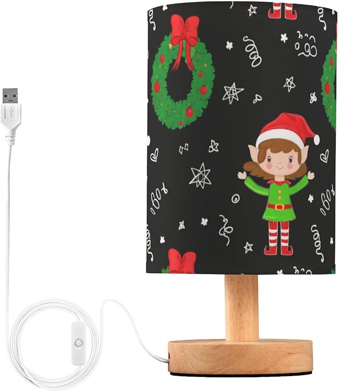 Elf Christmas LED Table Lamp, Bedside Lamp with Linen Lampshade, Flicker-Free Eye Care USB Plug in Nightstand Lamp, for Bedroom and Office