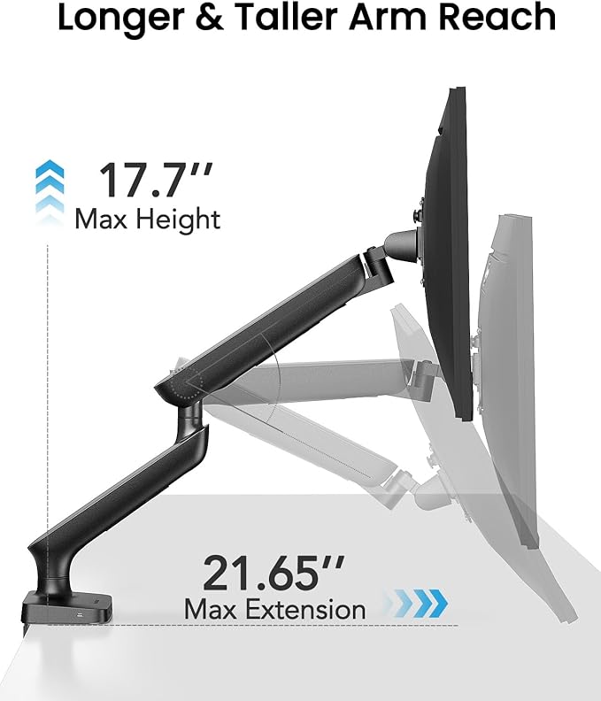 Single Monitor Mount for 13-49 Inch Screens up to 24 lbs, Ergonomic Adjustable Monitor Arm with Built-in USB 3.0 Hub, Space-Saving VESA Desk Mount for Home Office & Gaming, C-Clamp & Grommet Base