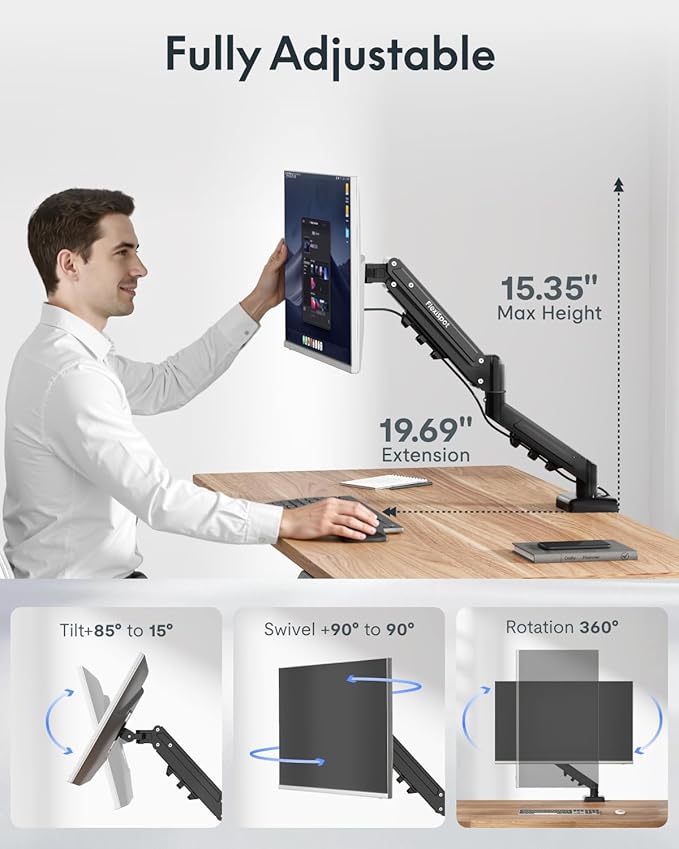 Flexispot Single Monitor Arm, 17-32 Inch Monitor Mount up to 19.84 lbs, Fast Install VESA Mount for Home Office Gaming, Full Adjustable Gas Spring with C-Clamp and Grommet Base, Black