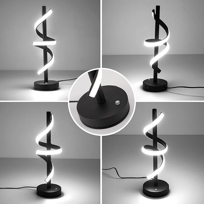 LED Modern Table Lamp, Dimmable Spiral LED Table Lamp, 3 Colors Touch Control, Modern Nightstand Lamp with USB/Type C for Bedroom Living Room