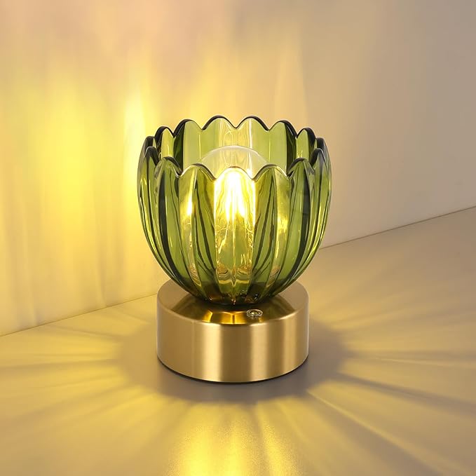 Cordless Small Table Lamp with 5200mAh Battery & Touch Control, Battery Operated Tulip Table Lamp with 3 Colors, Rechargeable Mini Table Lamps for Bedsides, Bedroom, Nightstand (Green)