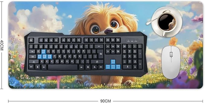 Large Ergonomic Gaming Mouse Pad Fluffy Puppy in Sunny Meadow - Cute Dog Theme with Non-Slip Base Water-Resistant Surface and Stitched Edges 40x90cm