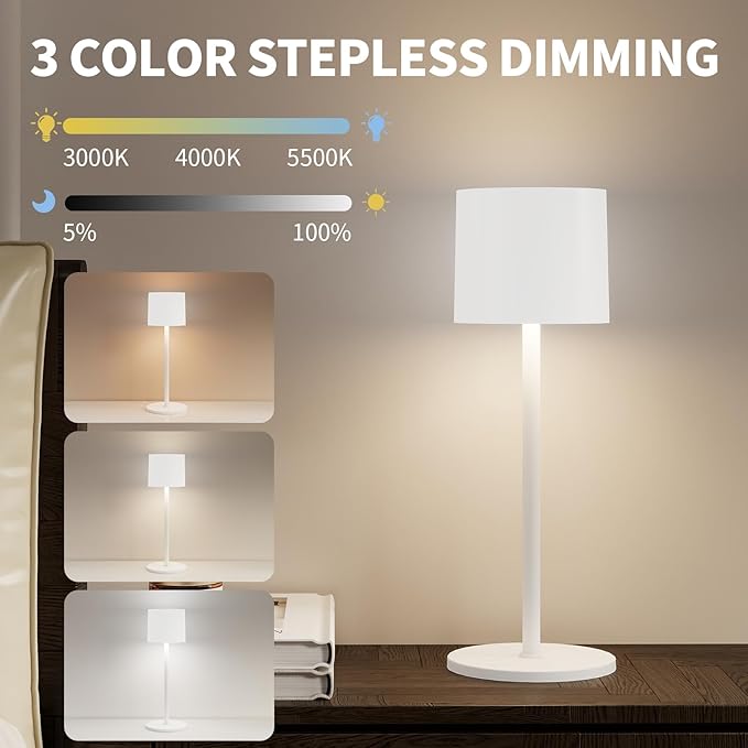 2-Pack Cordless Table Lamp, Portable LED Desk Lamps, 4400mAh Battery Powered Wireless Table Light, 3 Color Stepless Dimming Up,for Restaurant, Bedroom, Outdoor Camping, Night Light (White)