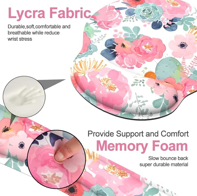Ergonomic Mouse Pad with Wrist Rest and Keyboard Wrist Rest, Mousepad and Wrist Rest for Computer Keyboard, Non-Slip Rubber Base, Mouse Pad Wrist Support for Gaming, Office, Pink Flower