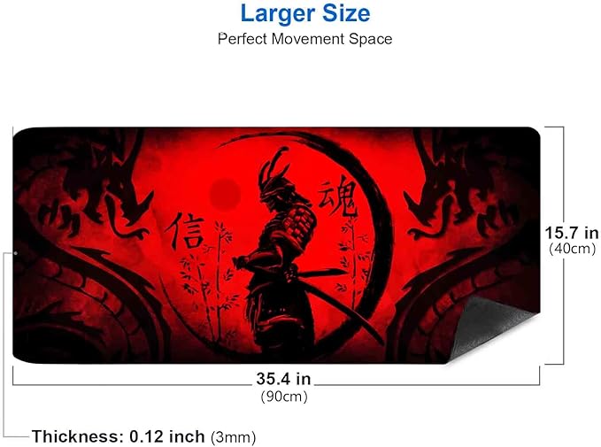 IMAYONDIA Japanese Samurai Large Gaming Mouse Pad for Laptop, Cool Anime Red Black Dragon Desk Mats, Computer Pad Desktop Mat for Gaming Player Office Extra Large Mousepad, 35.4x15.7 in