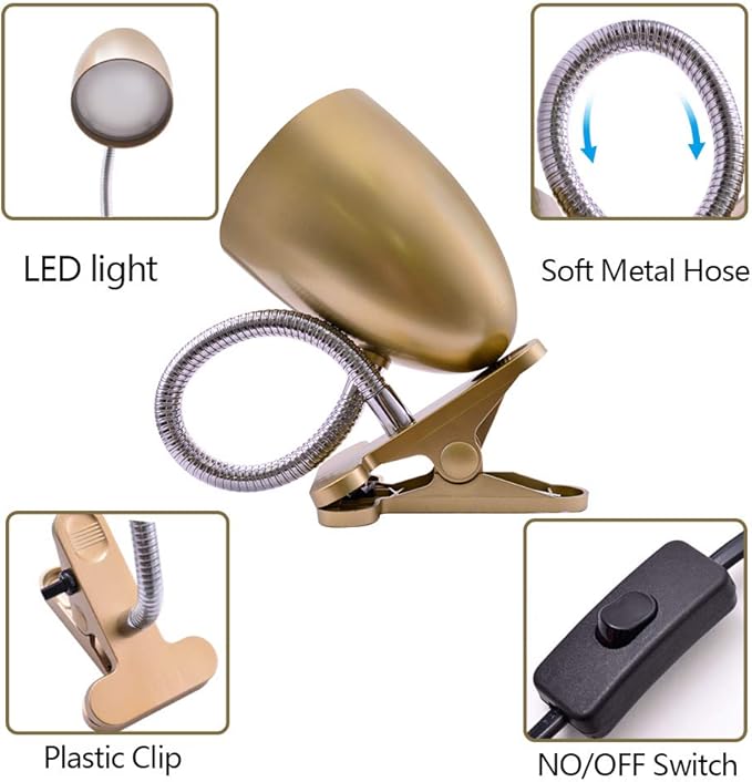 Energetic Lighting Clip on Light for Bed, Non-Dimmable Clip on Reading Light for Bed, 4000K Cool White, 3.5W 240 LM Desk lamp with clamp, Eye Protection, ETL Listed, Gold