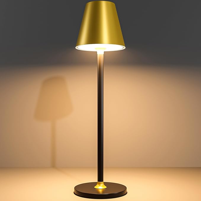 1-Pack Cordless Table Lamps - 5000mAh Rechargeable Battery Operated Desk Lamp, 3-Level Dimmable LED Night Light for Bedroom, Dining, Restaurant - Metal Design(Gold&Black-1Pack)