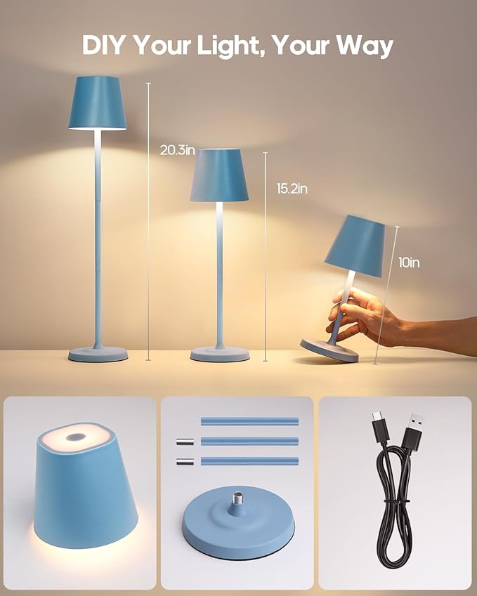 LED Cordless Table Lamp Rechargeable, 3-Height Adjustable, 5500mAh Battery Operated Lamp, 3-Color Dimming Touch Lamp, Portable Lamp for Dining, Bedroom,Camping, Outdoor, Indoor(Blue 2 Pcs)